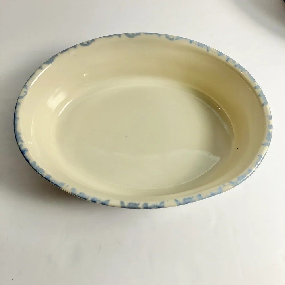 Workshops of Gerald Henn Blue Spongeware. Oval Baker set 7 1/2, 9 1/2